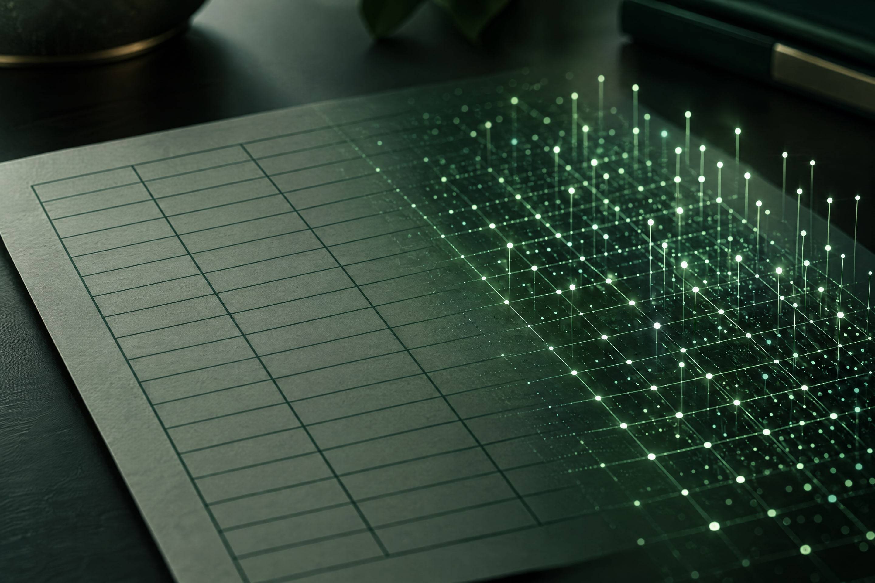 Acta en papel sobre un escritorio oscuro que se transforma en una retícula luminosa de datos